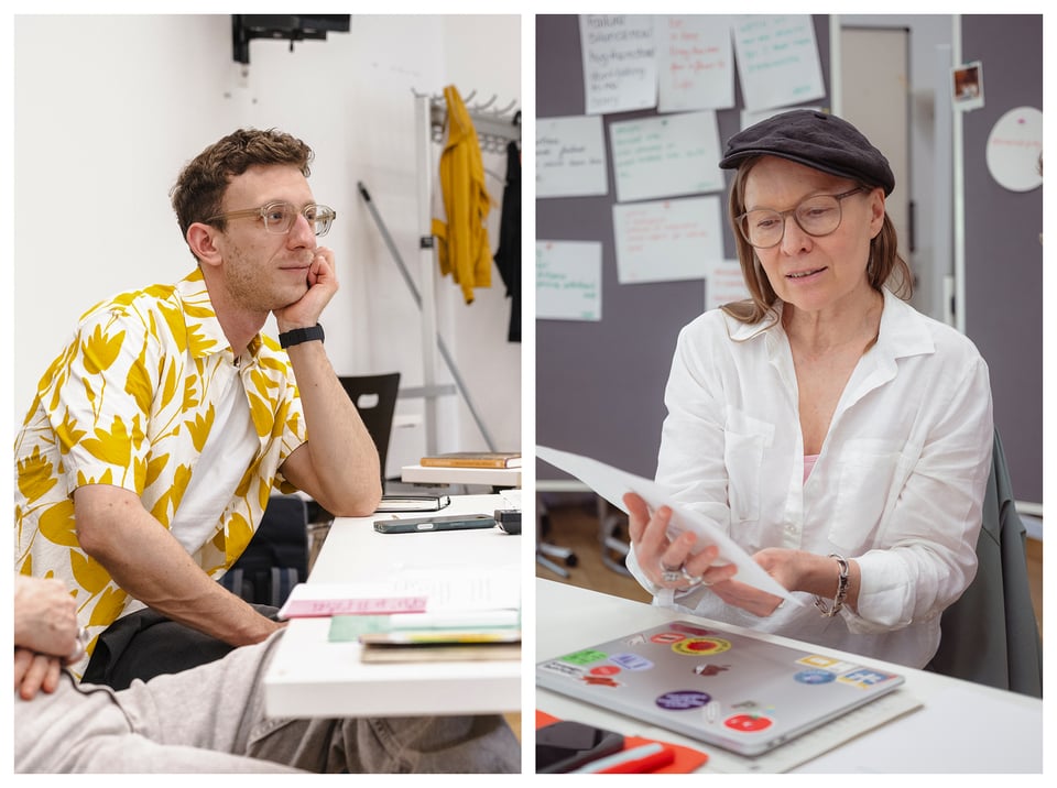 Two photos: Left is me in a yellow shirt, right is my colleague Sonja reading from a sheet of paper