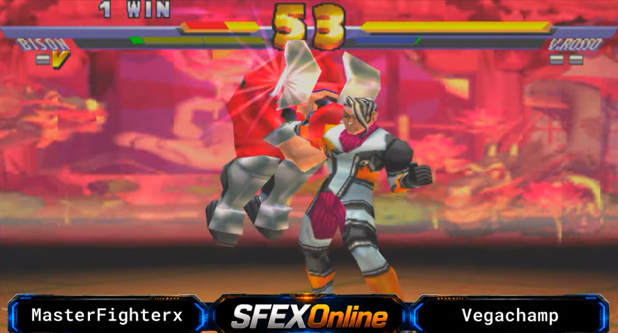 Online gameplay of a EX2 Plus match between MasterFighterX (M. Bison) vs. Vegachamp (V. Rosso)