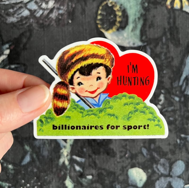 Cute sticker of a little boy in a coonskin hat holding a rifle. It says I'M HUNTING BILLIONAIRES FOR SPORT!