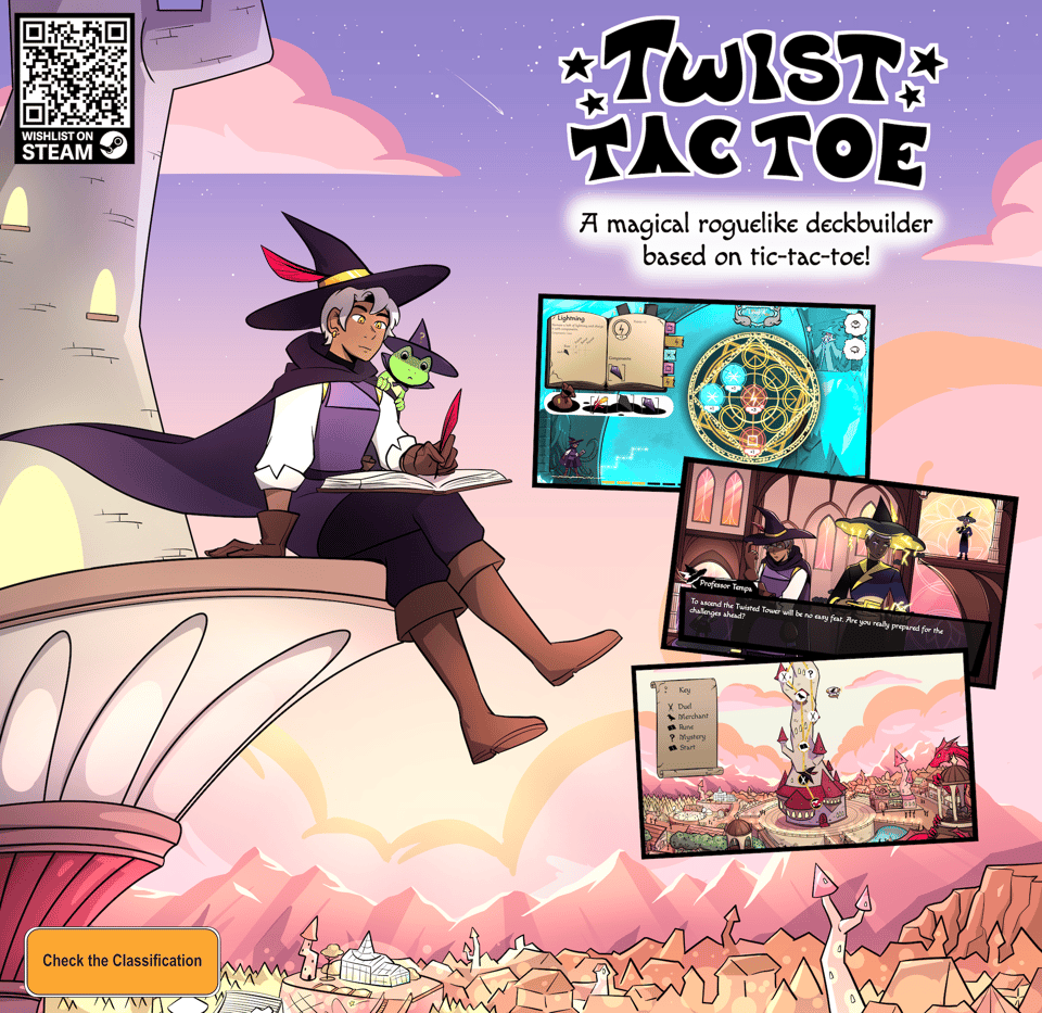 Poster for the game Twist-tac-toe. Art is in a hand-drawn 2D style with the main character Morgan perched high and looking over a townscape. Three screenshots included.