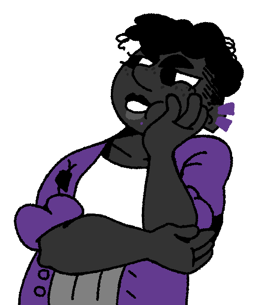 A character portrait of Alice. She leans to the right while looking to the left. Her mouth is open with her hand pressed against her cheek.