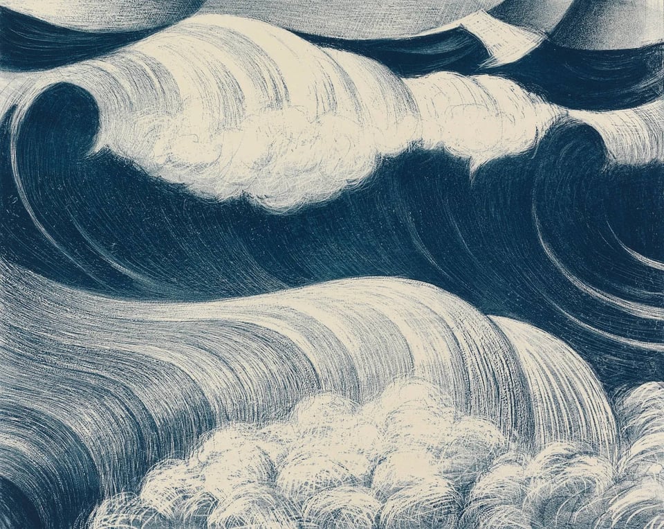 The C. R. W. Nevinson painting "The Wave", from 1917. It depicts rolling tall blue waves crashing in the direction of the viewer; the white crests of the waves appear to be made from thousands of tiny white penstrokes
