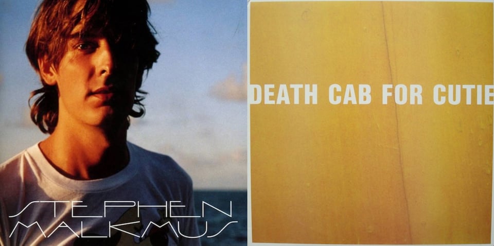 First pic: A color photograph close up of Stephen Malkmus, a young white man with shaggy brown hair. He wears a white T shirt. Sunlight hits his face from the left, throwing the right side in shadow. Behind him is a body of water, blue sky, clouds. It feels like sunset. Second pic: Extreme close-up photo of what I believe is a yellow-brown floorboard, or possibly a wall? There are drops of liquid on it, just barely discernible.