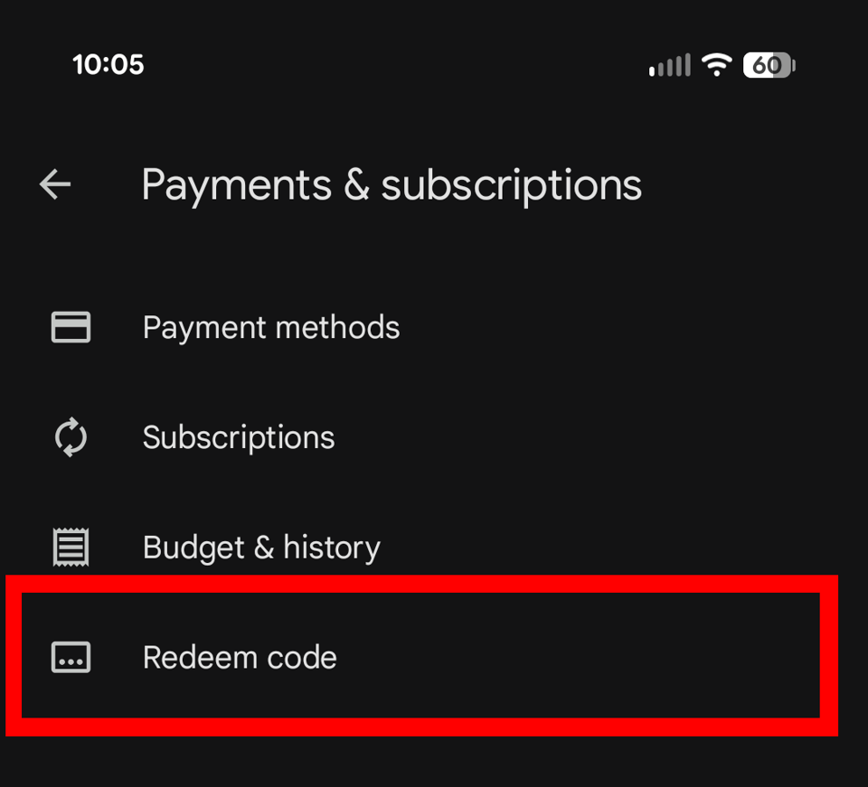 Tap "Redeem Code"