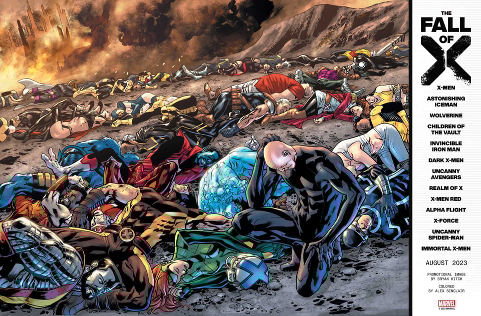 Promo image for ‘Fall of X’ from 2023, beginning of the end for the Krakoan Age of X-Men comics. Art by Bryan Hitch and Alex Sinclair