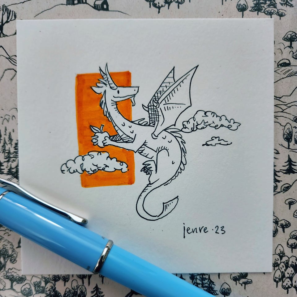 Pen and ink drawing of a dragon in flight, its from limbs holding an apple.
