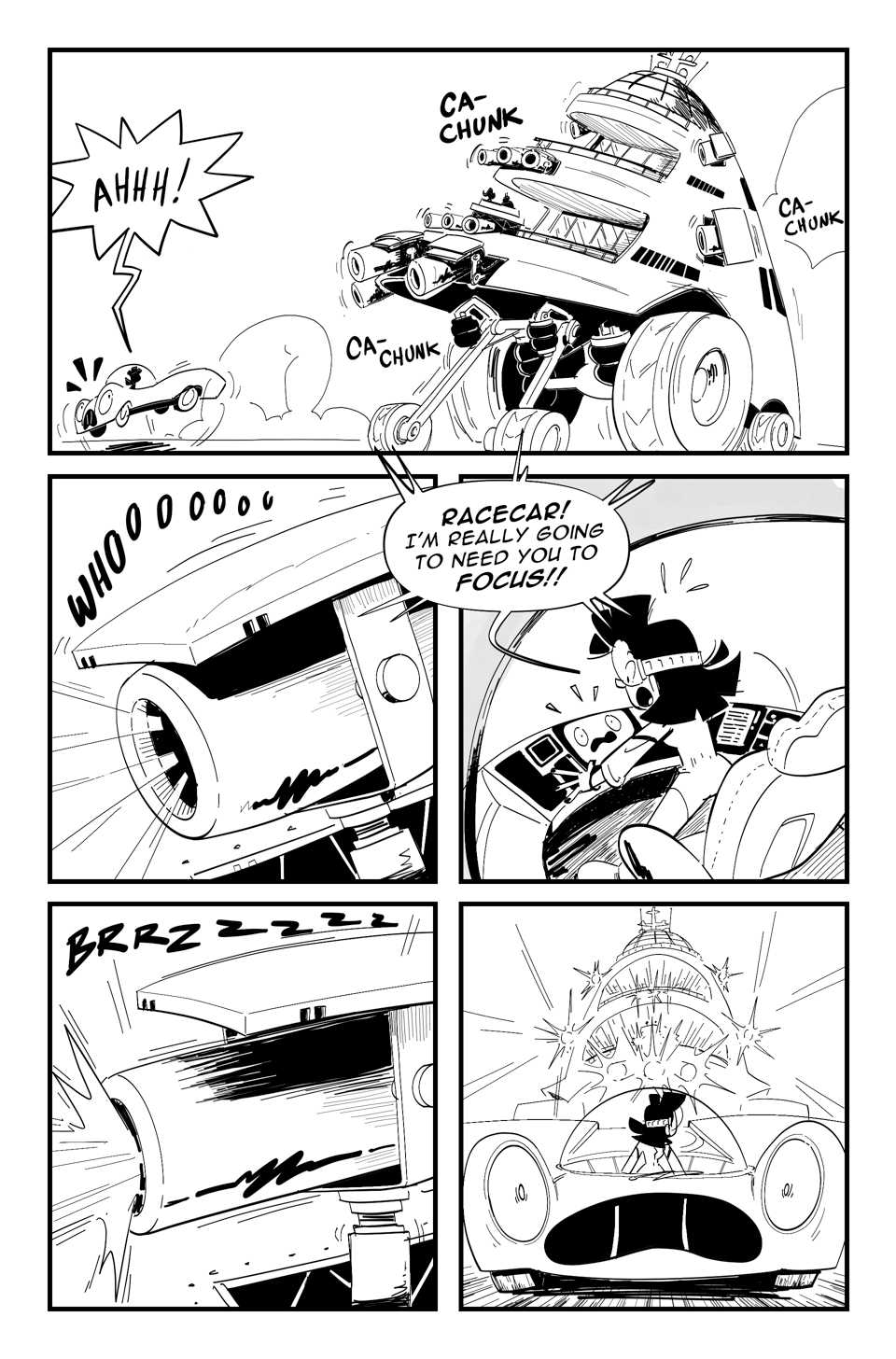 Worldracers Pg 7. Panel 1, "Ca-chunk, ca-chunk, ca-chunk" The blasters pop out of the yacht car. Racecar jumps up, "Ahhh" Panel 2 Blaster revs up. Panel 3 Tess leaning aggressively over the console with Racecar's face, "Racecar! I'm really going to need you to focus!!" Panel 4, Blaster fires, "Brrrzzzz" Panel 5 Racecar speeds ahead terrified, all the blaster firing at them.