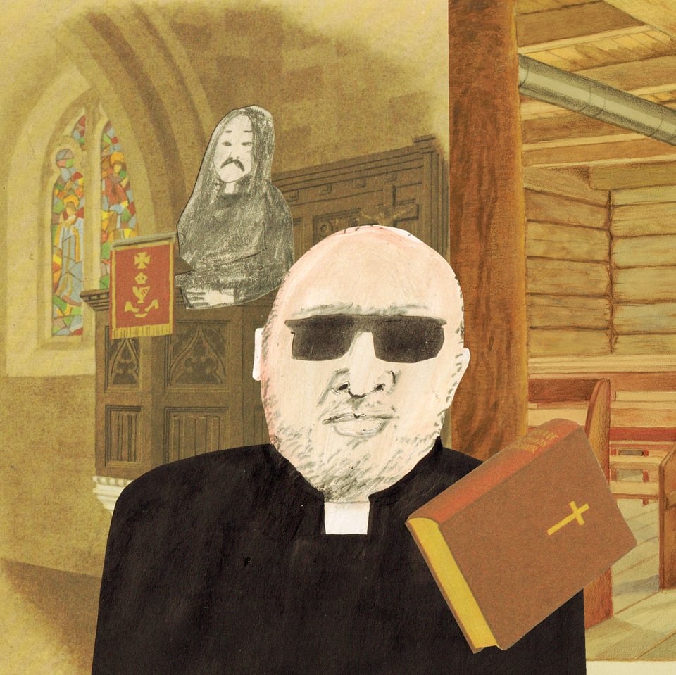 A bald man with in a vicar's outfit wearing sunglasses standing in a church with a bible. Behind him is a long haired man with a moustache standing in a pulpit. The image has been made in a cartoony collage style