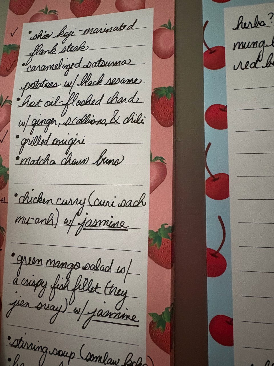 A picture of the author's current planned menu for the week, consisting of mostly Khmer-style dishes and a Japenese-inspired steak dinner.