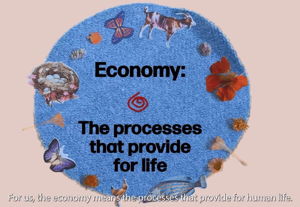a screen grab from Venture Partners that shows a blue circle with the words "Economy: The processes that provide for life" inside with flowers and butterflies outlining the circle