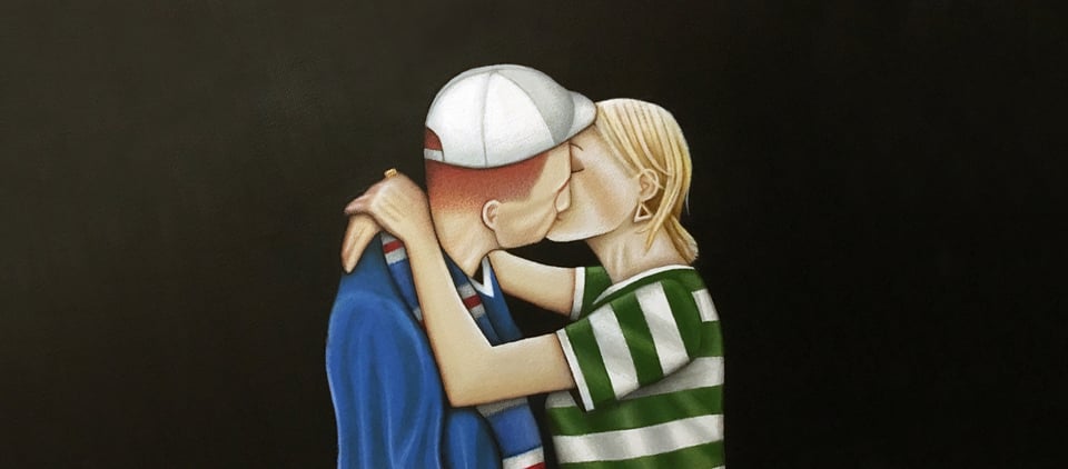 Two football fans - one in a Rangers kit, one in a Celtic kit - kissing