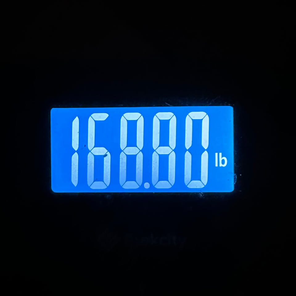 photo of digital scale reading 168.80 lbs.