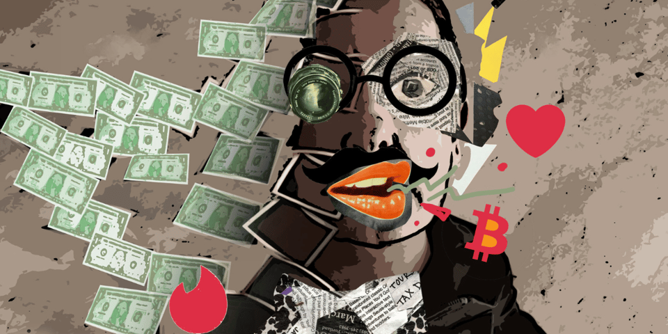 A graphic of a face made up of money, newspaper, hearts and the Bitcoin symbol.