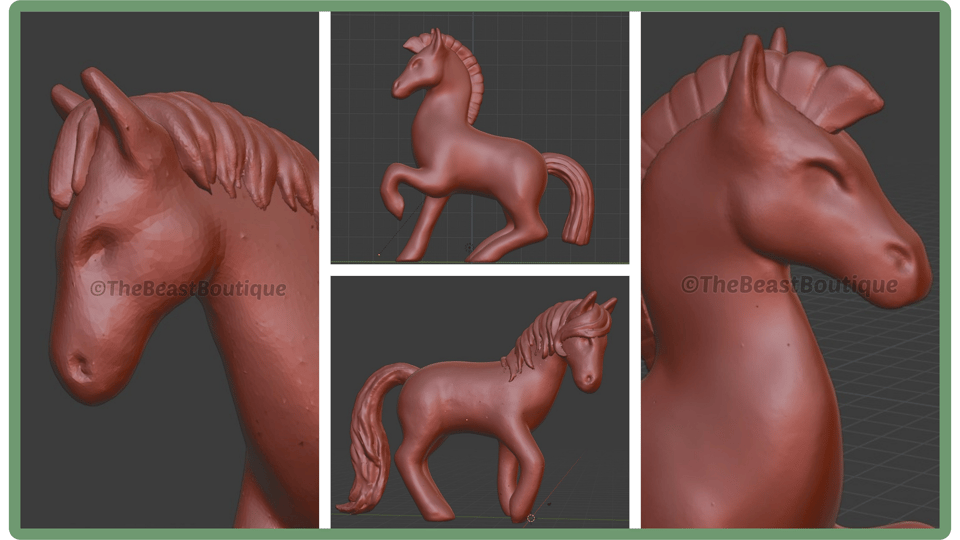 A collage showing several horse figurines loaded into Blender workspaces. They have different manes, ranging from long and flowing to short, cropped cuts.
