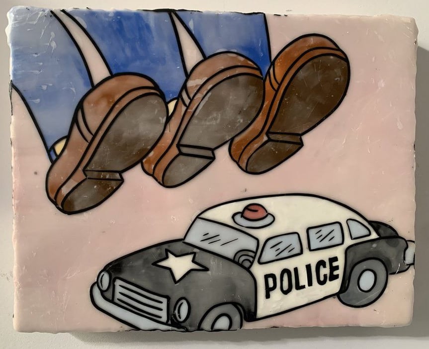 Painting of a police car about to get stepped on by three marching feet.
