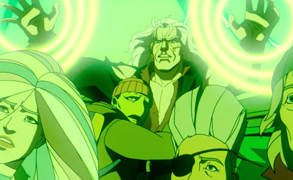 a shot from X-Men '97, featuring Magneto saving a bunch of random mutants - including Leech - with his mutant powers on Genosha