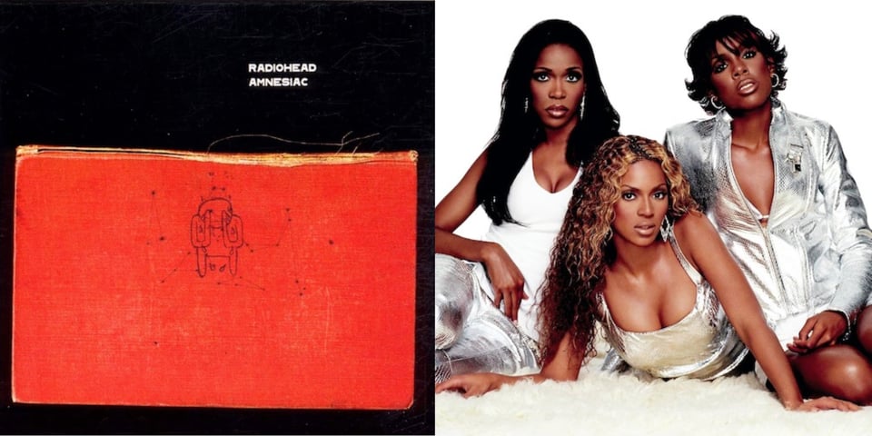 First pic: An old and distressed red hardcover book, placed horizontally so its spine is at the top, on a black background. The spine is damaged and peeling. On the book is a sketch of a spindly, bald, almost alien figure that seems to be holding its hands to its eyes, as if crying.Second pic: A color photograph of three young Black women, Destiny's Child. They are on a thick white fluffy carpet. Two of them sit on it, while the third is lying down between them. Their clothing is bright and reflective like the astronaut costumes on the De La Soul cover.
