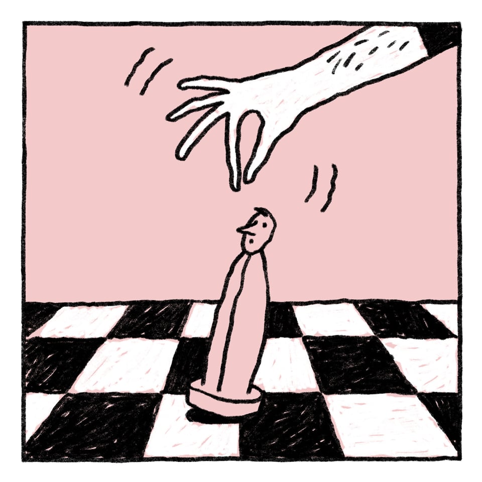 Illustration einer Hand, die nach einer Schachfigur greift