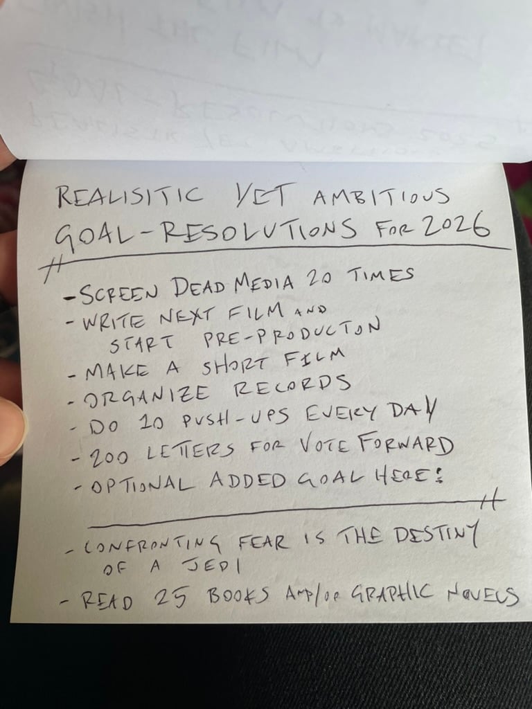 A list of resolutions reading: Screen Dead Media 20 times. Write next film and start pre-production. Make a short film. Organize records. Do 10 push-ups every day. 200 letters for Vote Forward. Optional added goal here (followed by a blank space). Confronting fear is the destiny of a Jedi. Read 25 books and/or graphic novels