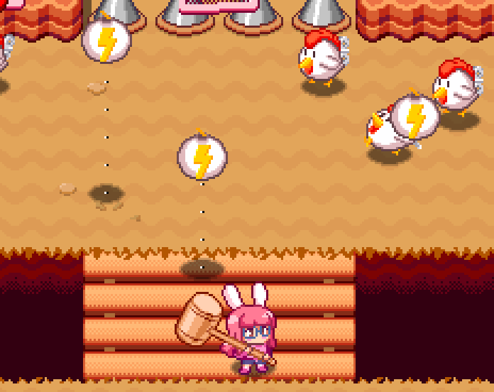 Robot chickens throwing large cartoon bombs, with soft blob shadows beneath them and dotted lines showing how high up they are
