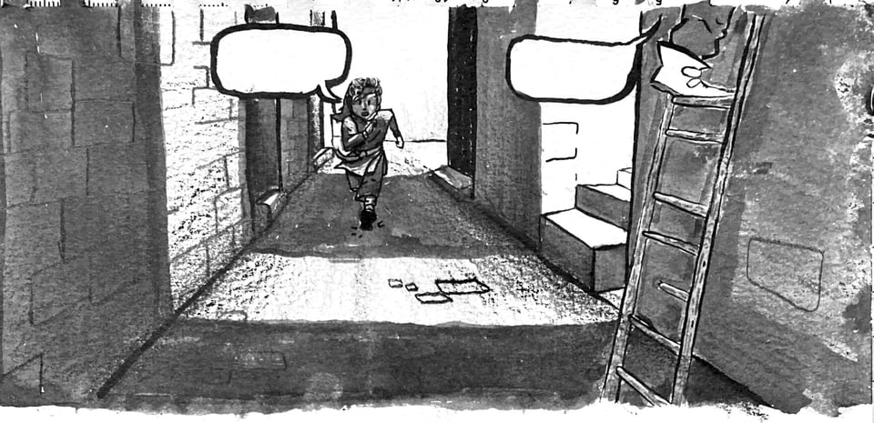 greyscale painting of young boy running down an alley after someone climbing a ladder