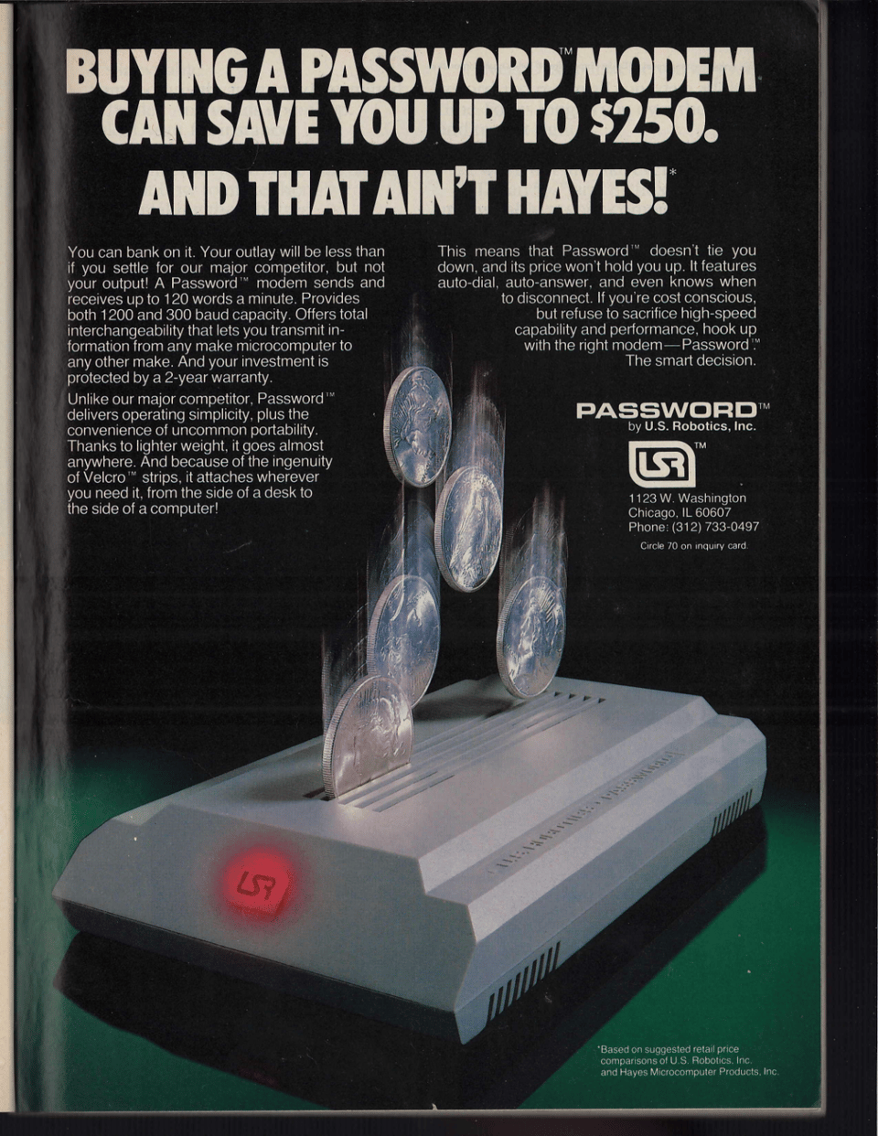 A Password modem with coins falling into its ventilation slots. The headline reads "Buying a Password modem can save you up to $250. And that ain't Hayes!"