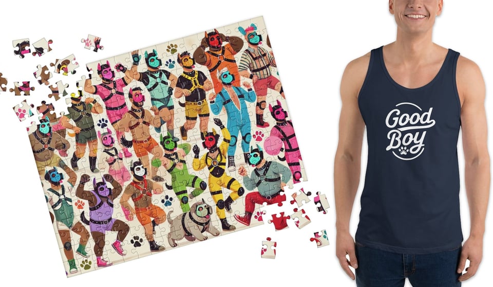 Jigsaw puzzle featuring illustrations of people in puppy gear and a person wearing a navy tank top with white text on the from that says good boy with a paw print Puppy Play Jigsaw Puzzle & Good Boy tank top in navy