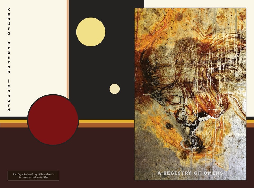 the covers of A Registry of Omens. On the front is a metal and paint found image suggestive of a supernatural face; the back is red, white, and burgundy