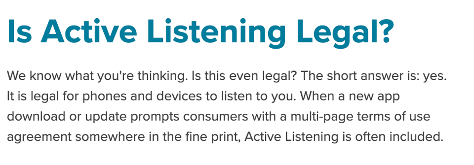A screenshot from a Cox Media blog asking if active listening mode on phones and devices is legal