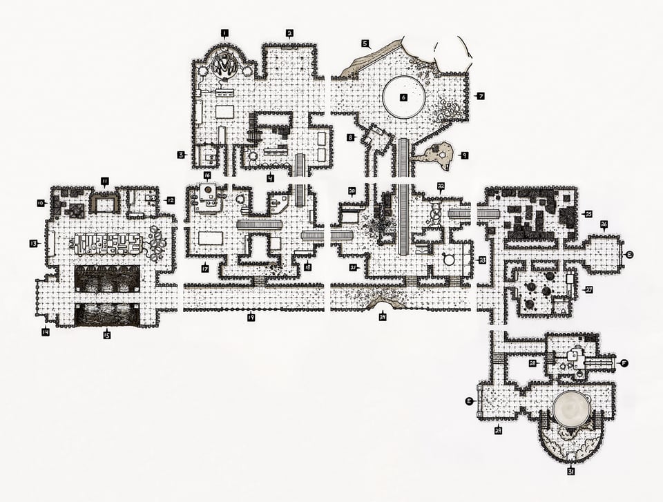 An overhead ttrpg map of a factory. There are 7 main areas, 31 rooms, all connected with hallways and conveyor belts.