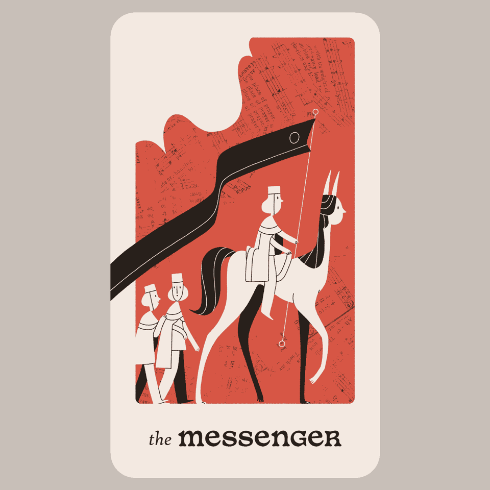 The Messenger — a messenger rides a human-faced horse, carrying a banner.