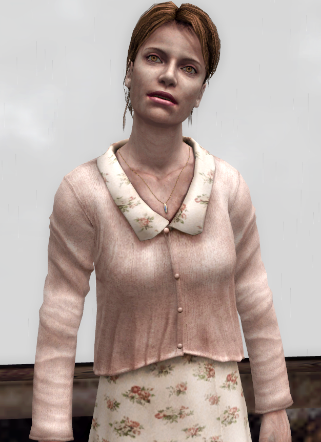 Brunette woman in a modest white floral dress and pink sweater