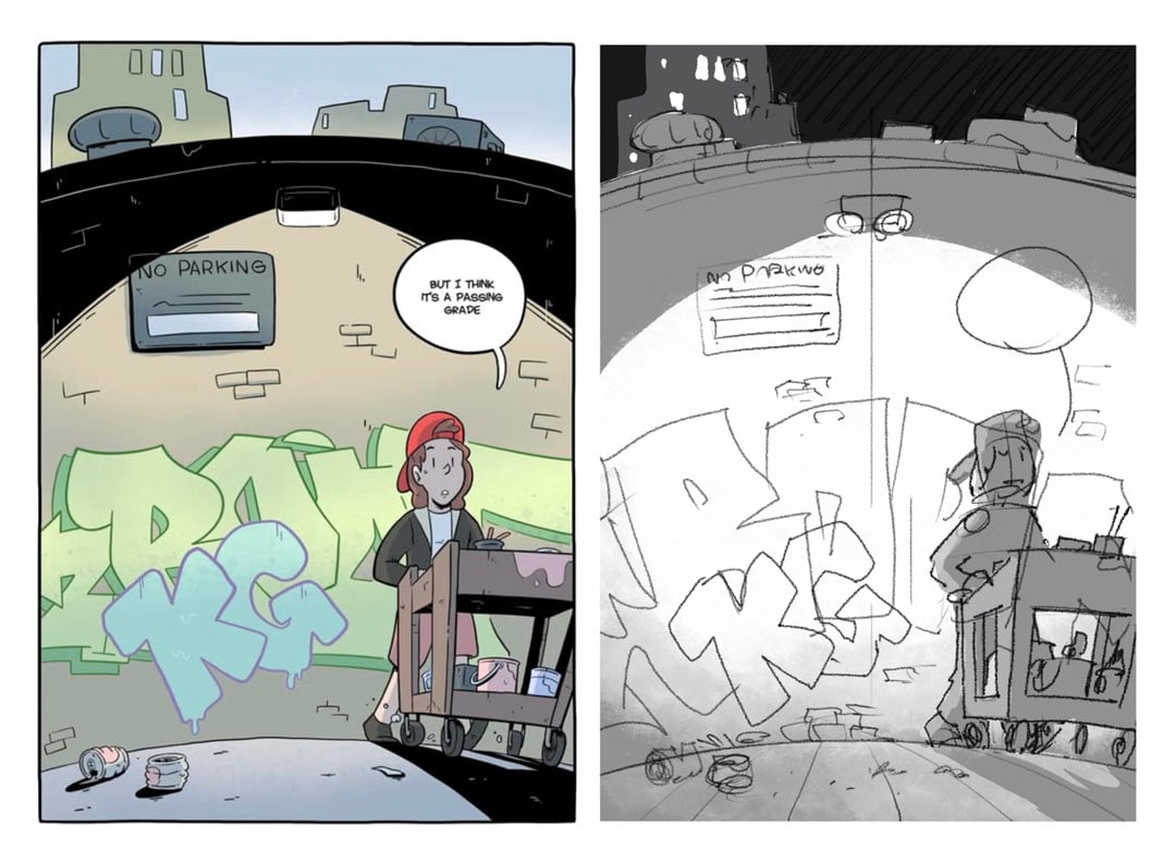 A side-by-side panel of a character with a paint cart walking away from a graffiti'd wall.