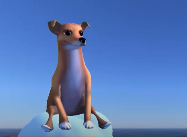 A clip from the animation "Dog of Wisdom" of Heidi, rendered in 3D and floating on a cloud.