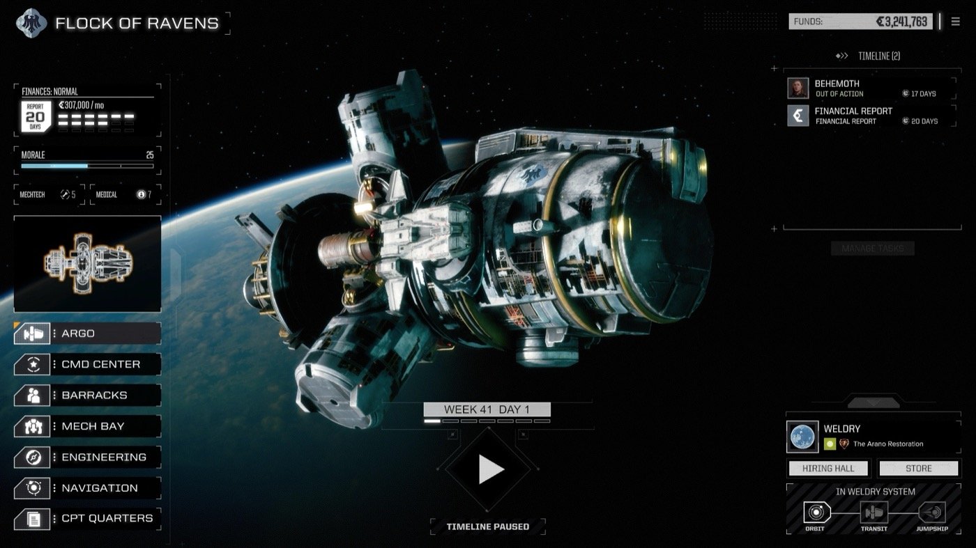The Argo, your mercenary company's home and money pit in BattleTech. Note the monthly burn at top left.