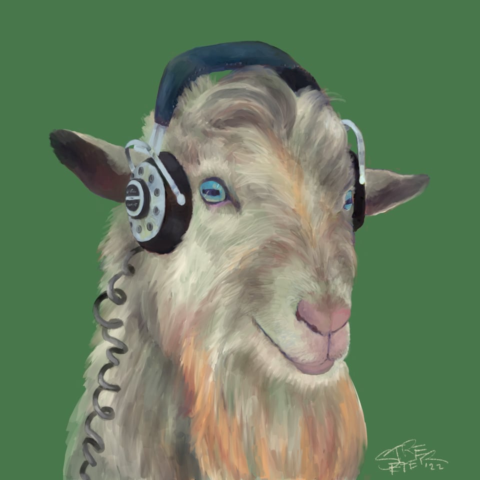 Color illustration of a handsome goat wearing vintage earphones