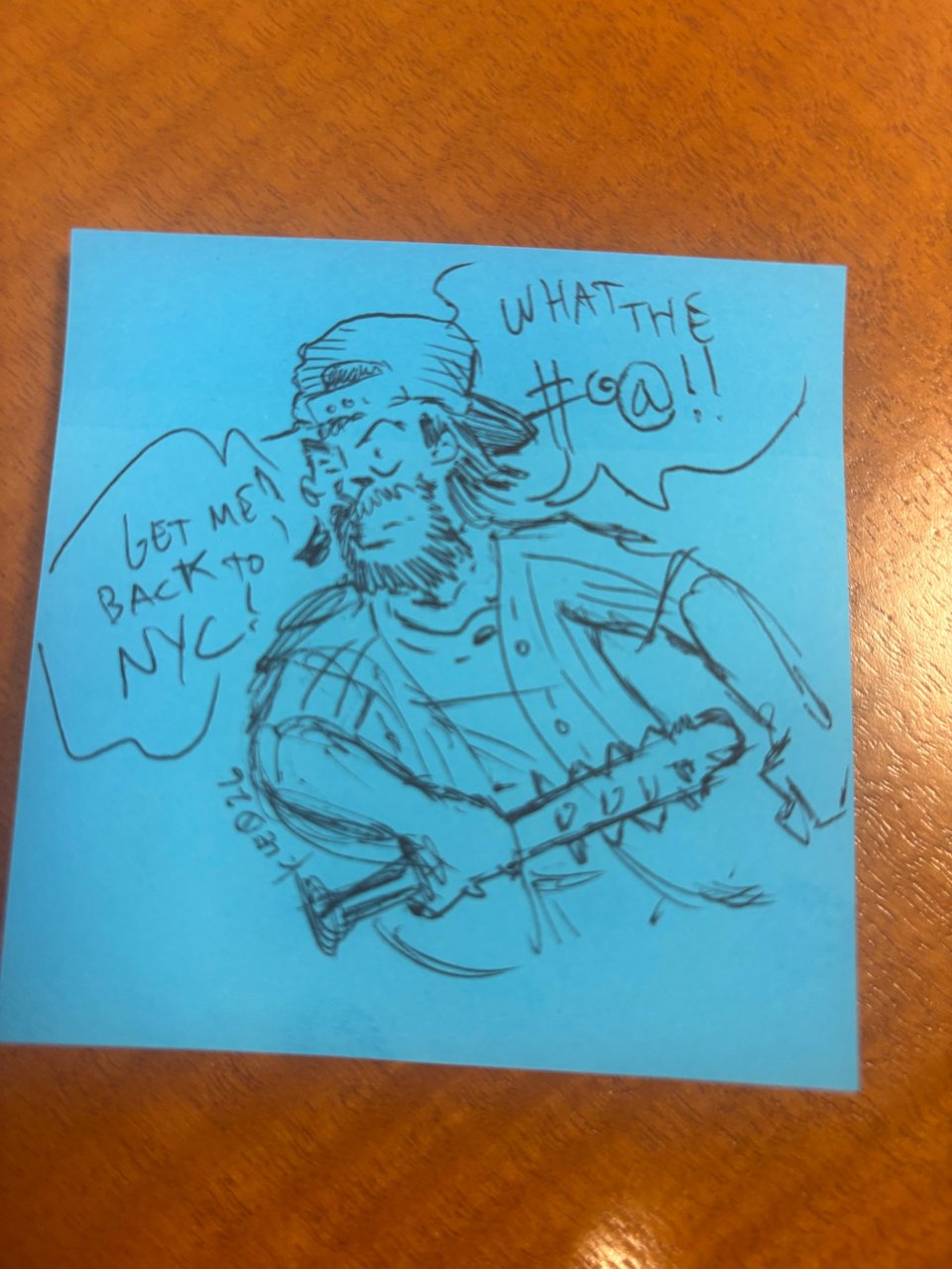 A blue post of of a sketch of Danny landau from medieval by Neil Kleid with him saying “what the fuck” and “get me back to nyc”