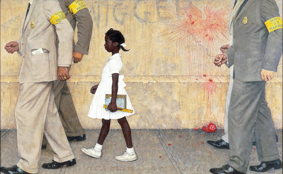 An oil painting by Norman Rockwell of a young Black girl in a frilly white dress carrying schoolbooks, being escorted by faceless men wearing suits and yellow armbands that read "DEPUTY U.S. MARSHAL," against a background of racist graffiti and splattered tomatoes.