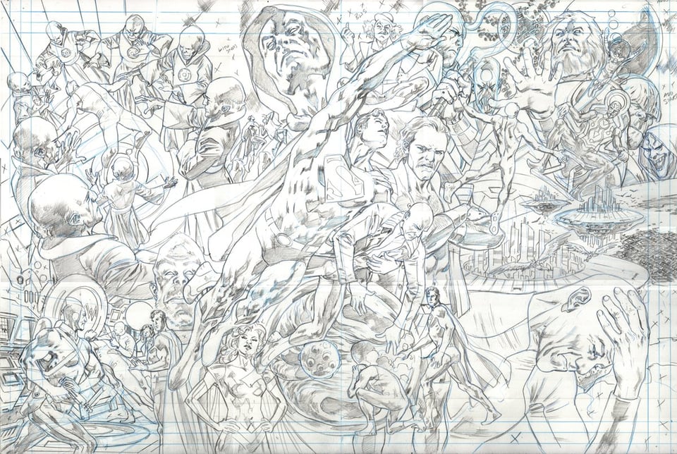 Pencils by Bryan Hitch for a double-page spread 'montage' of Superman flying Lex Luthor to various personages of power throughout the DCU, evidently to no avail.