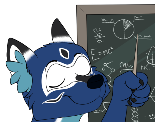 A blue dhole points at a chalkboard covered in math/science gobbledygook