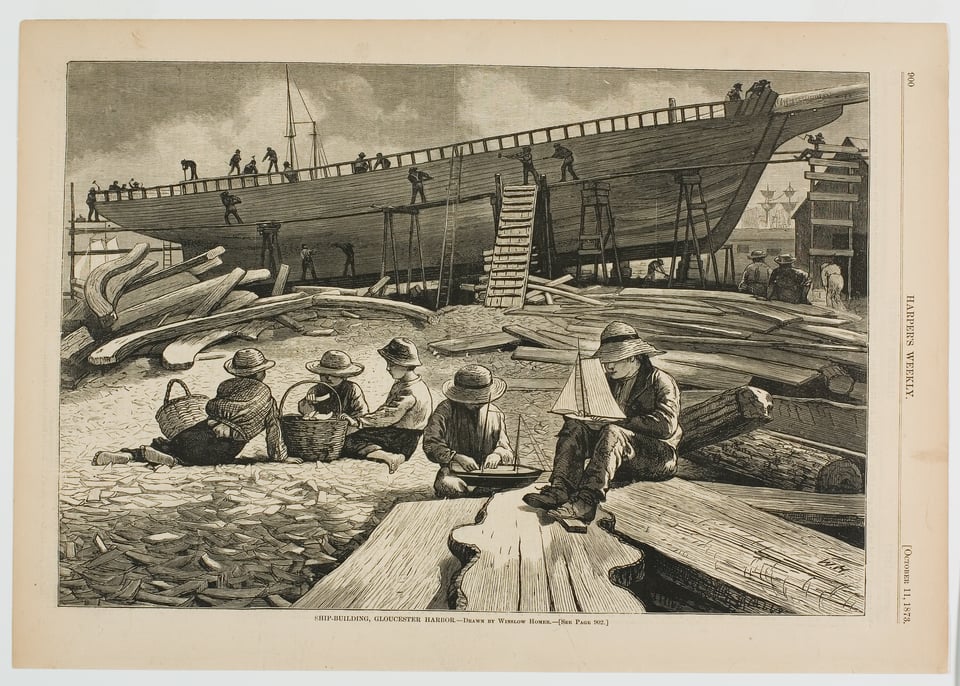 Black and white sketch with five children in foreground playing with sailboats while men build a wooden boat in background
