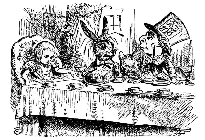 John Tenniel drawing of Alice, the March Hare, the Dormouse, and the Mad Hatter all sitting around the table.