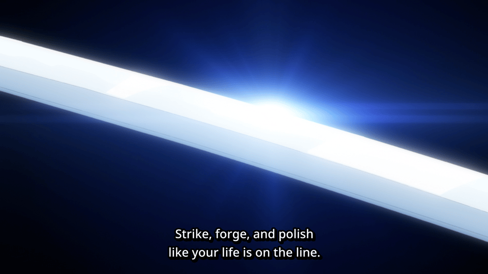 Screenshot from the 2026 anime series "Journal with Witch," subtitle: "Strike, forge, and polish like your life is on the line."