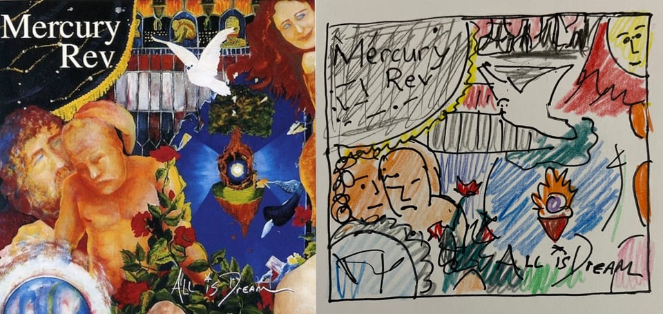 A collage of a bunch of different things. There's a peach colored bald man, possibly a statue. A white dove or bird of some kind in flight. A tree growing on a floating island, with a glowing light appearing under it like a lantern. A smiling woman with long red hair and blue eyes. A man with short curly red hair and a beard, who has a kind of Roman look to him. A rose bush. There are other elements as well.