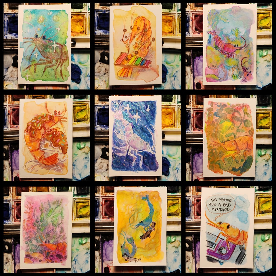 A grid of nine photos of sketchcards of shrimp.