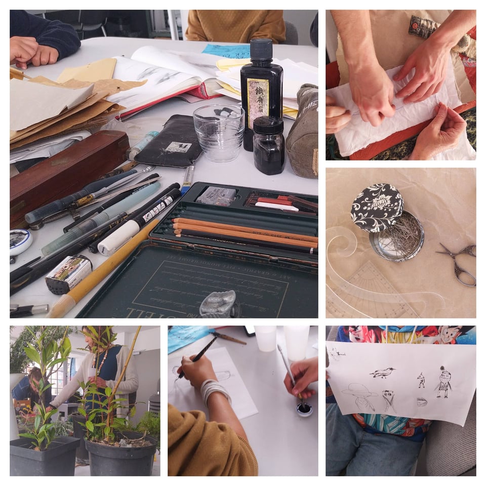 montage de plusieurs photos des ateliers : la première montre une table couverte de matériel à dessin, entourée de plusieurs personnes ; une autre montre du matériel de couture ; une autre montre des plantes en pot ; une autre montre des personnes en train de dessiner ; une autre montre des personnes en train de mettre des épingles sur un tissu ; une autre montre une jeune personne tenant son dessin