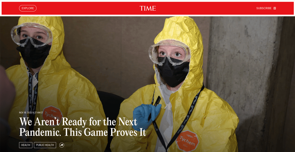 The lead image from TIME’s Operation Outbreak article showing two students wearing masks, goggles, and hazmat suits.