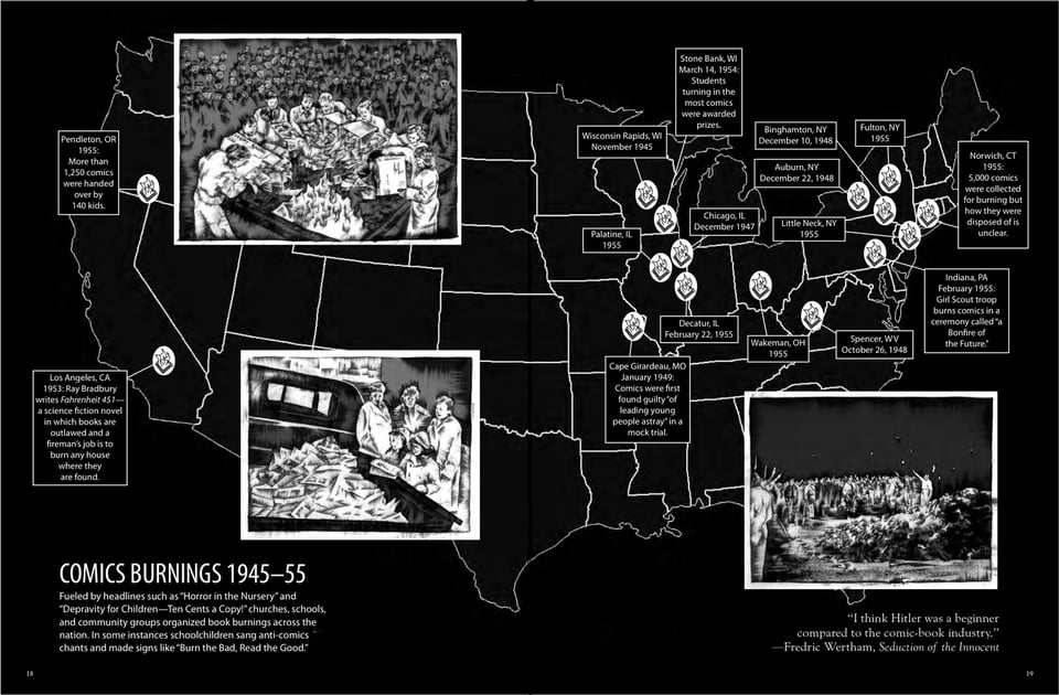 White map of the USA on a black background. Several documented comics burnings between 1945 and 1955 are highlighted, with short explanations of what happened. There are also three images included of those burnings.