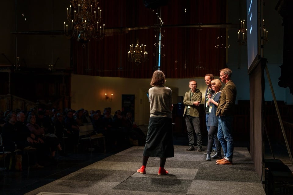 Photo from the Fontstand conference 2025, from left to right: Indra Kupferschmid, Andrej Krátky, Peter Biľak, Christine Bateup, and Christopher Slye.