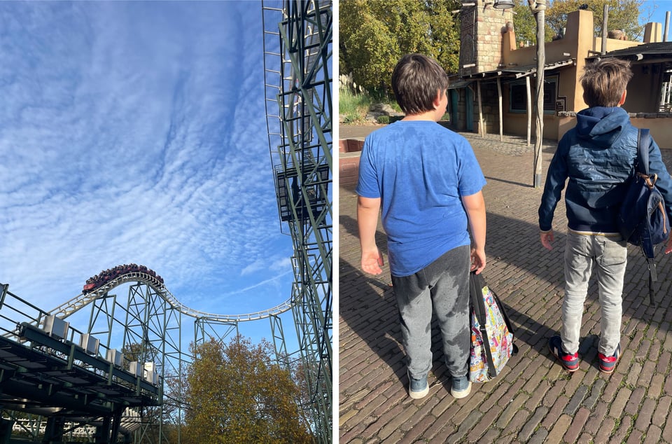 Two photos side by side. Lefthand is a rollercoaster starts down a steep incline. Righthand is two boys shown from their backs and they are pretty soaking wet after riding a waterride.